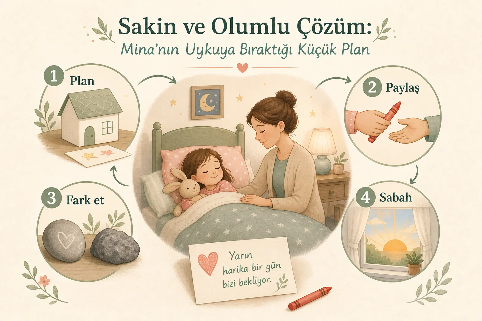 İnfografik: Sakin ve Olumlu Çözüm: Mina'nın Uykuya Bıraktığı Küçük Plan - Uyku Öncesi Sakin ve Kısa Bir Masal